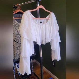 Cropped bell sleeve off the shoulder white eyelet top